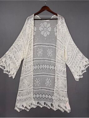 Some Days Lovin Cream White Crochet Open-Weave Kimono Cardigan, XS